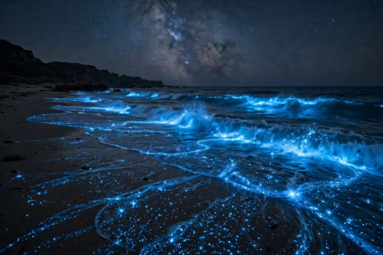 Bioluminescent ocean waves glowing bright blue at night on a dark beach