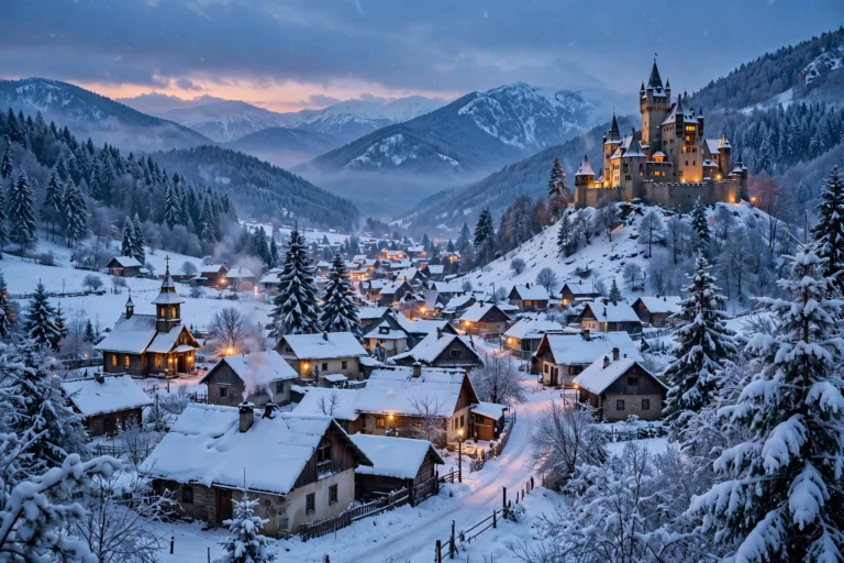 Snow-covered Carpathian village and castle in Romania in winter