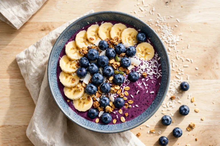 Blueberry smoothie bowl topped with fresh blueberries, banana slices, granola and coconut flakes