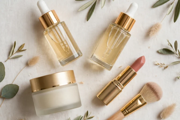 Premium beauty products including serum bottles, moisturizer, lipstick and makeup brush