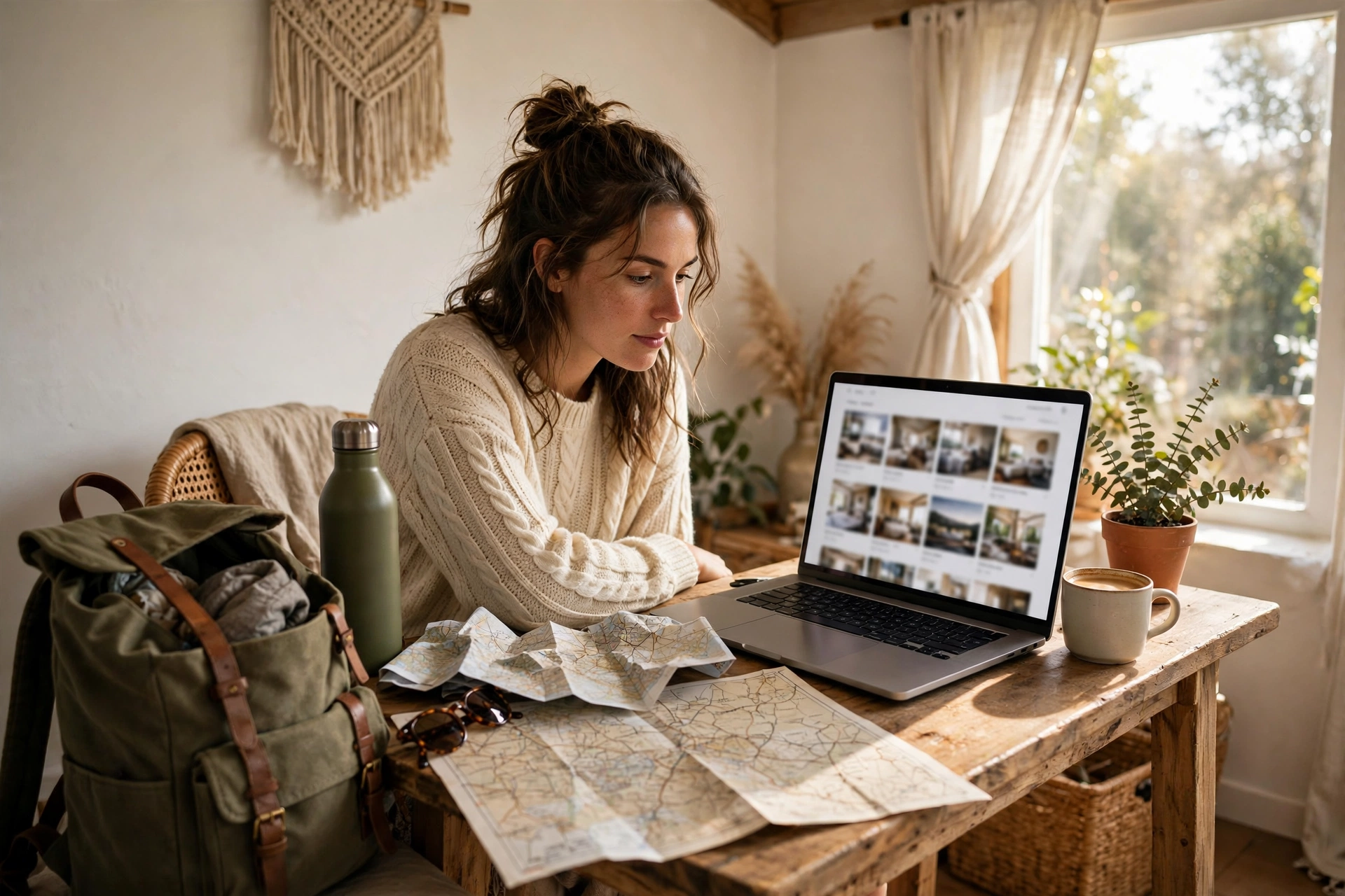 Traveler comparing accommodation listings on a laptop in a bright guesthouse room