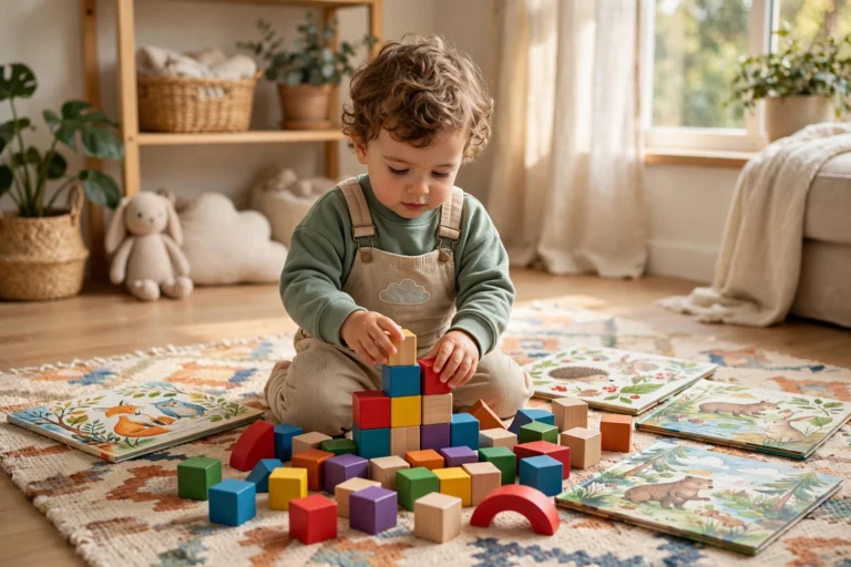 Toddler playing with colorful wooden blocks and picture books