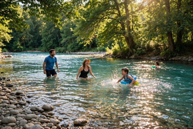 Family wading and swimming in a clear river on a hot summer day