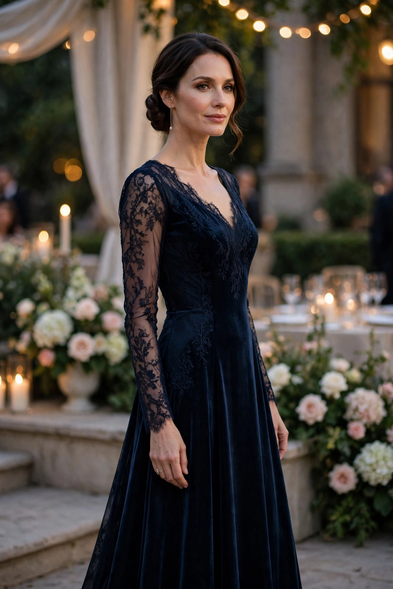 Woman wearing an elegant navy evening gown at a formal outdoor event