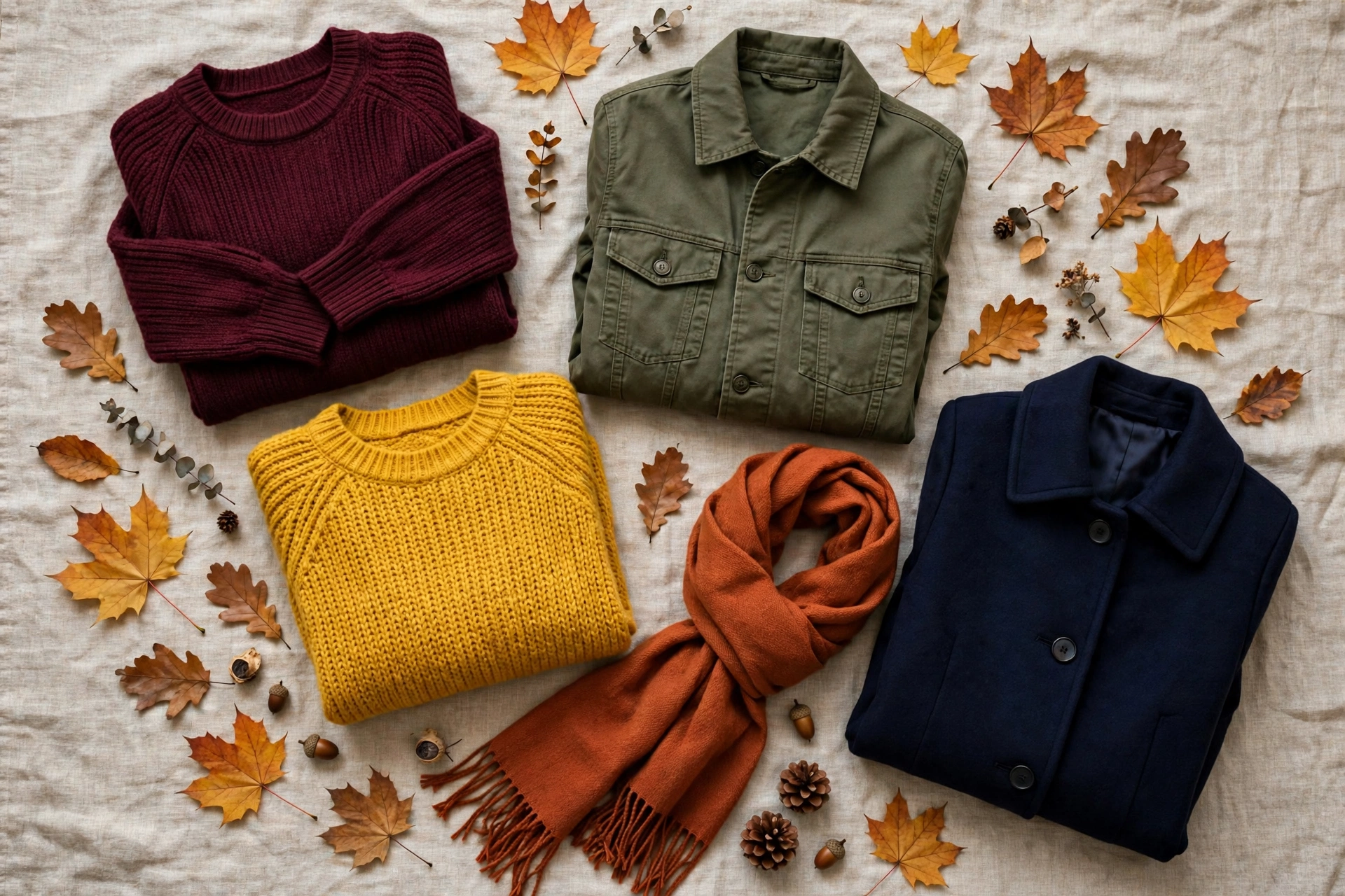 Fall wardrobe flat lay in burgundy, olive green, mustard yellow, rust orange and navy blue