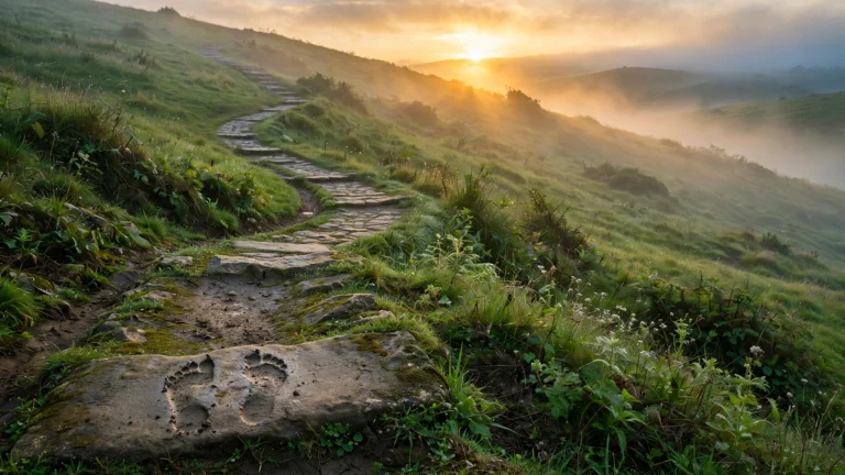 Stone path at sunrise leading up a green hill toward golden light