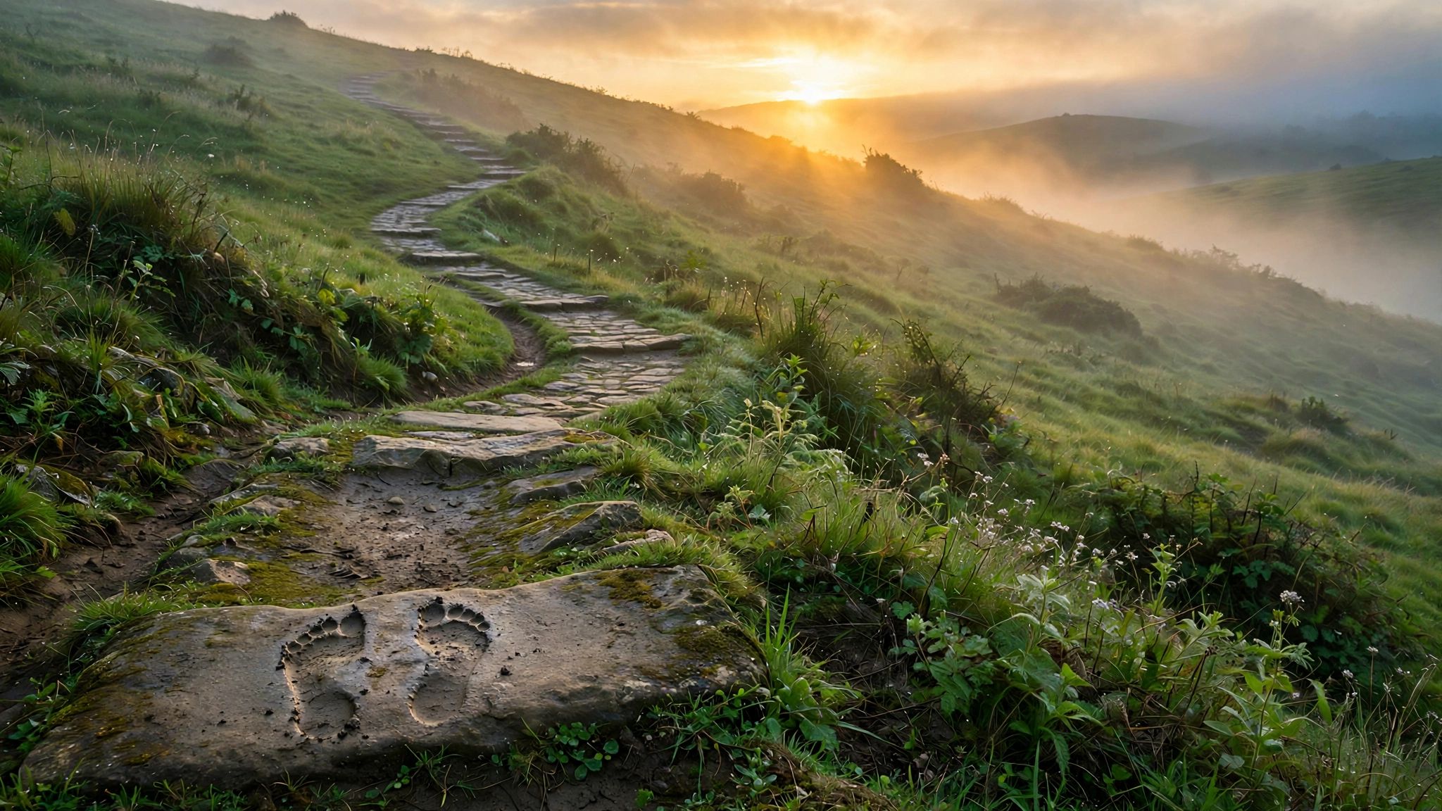 Stone path at sunrise leading up a green hill toward golden light