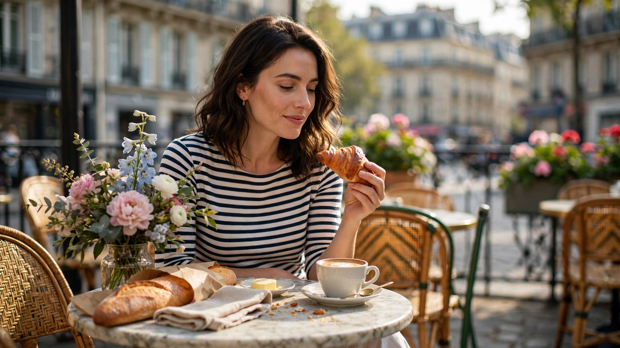 Woman enjoying coffee and a croissant at a sunlit Parisian café terrace