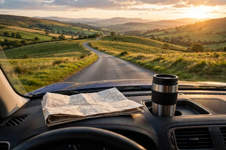 A car driving along a scenic open road through rolling countryside at golden hour
