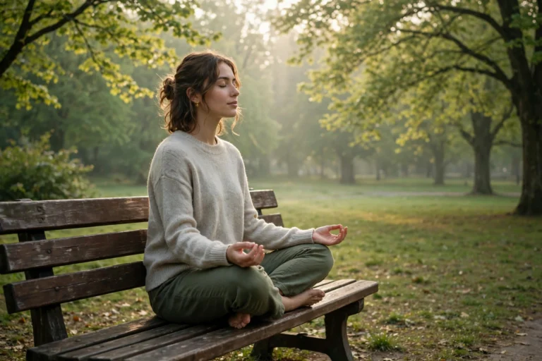 Person meditating peacefully on a park bench in morning light