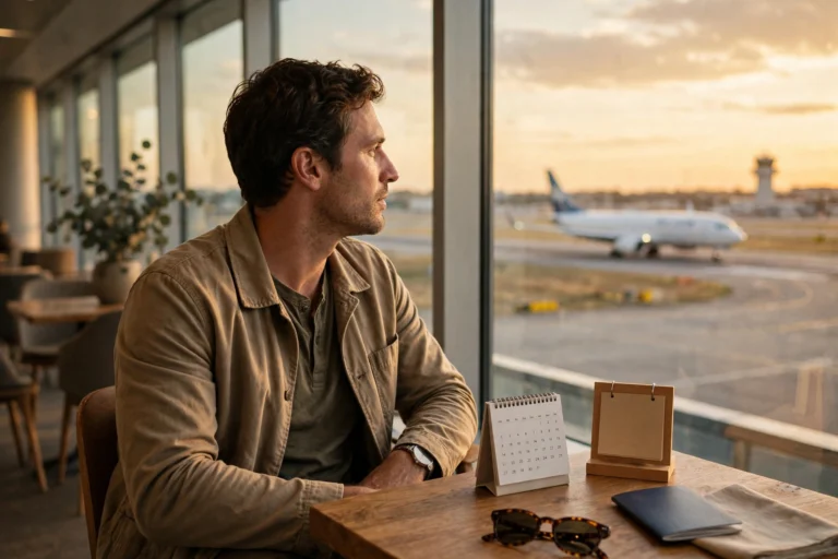 Traveler at an airport window looking at a departing airplane with a calendar and passport on the table