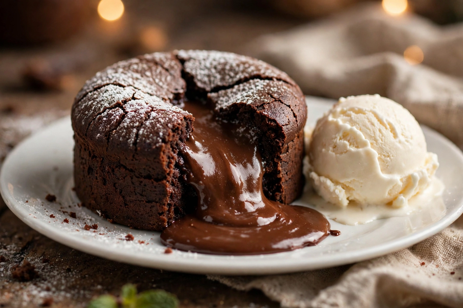 Molten chocolate lava cake with gooey chocolate center served with vanilla ice cream