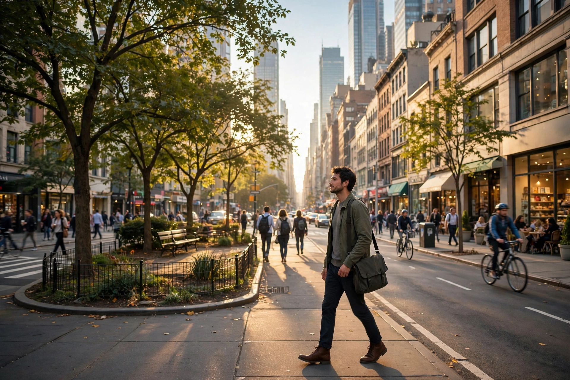 Person walking through a vibrant city street in warm morning light