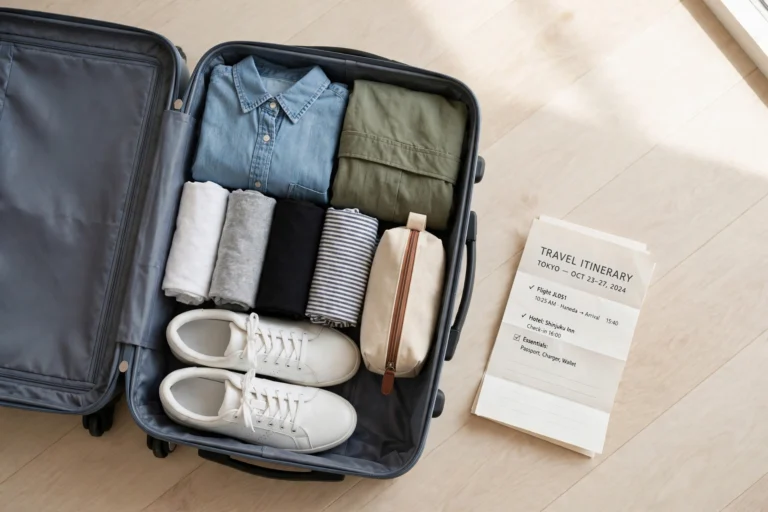 Neatly packed carry-on suitcase with folded clothes for a two week trip