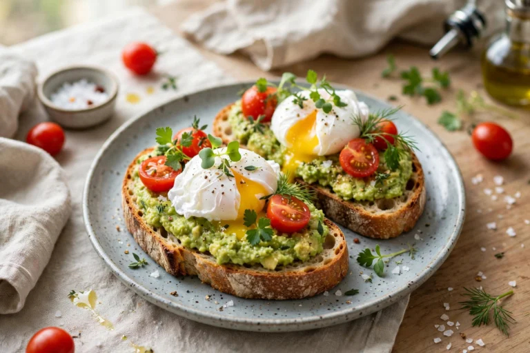 Avocado toast topped with poached eggs, cherry tomatoes and fresh herbs