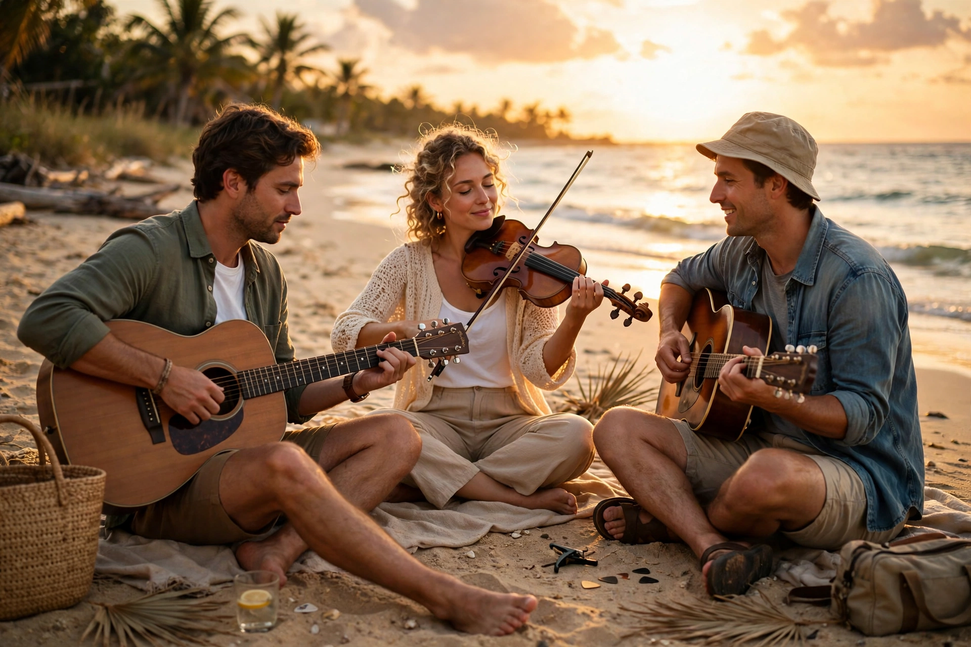 Acoustic musicians playing guitar and violin on a beach at sunset