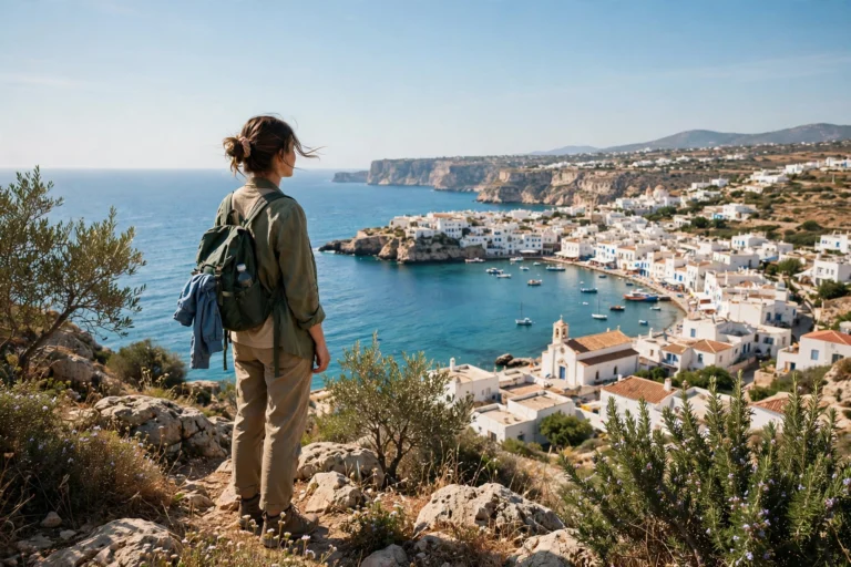 Solo traveler with a backpack overlooking a sunny Mediterranean coastal bay in summer