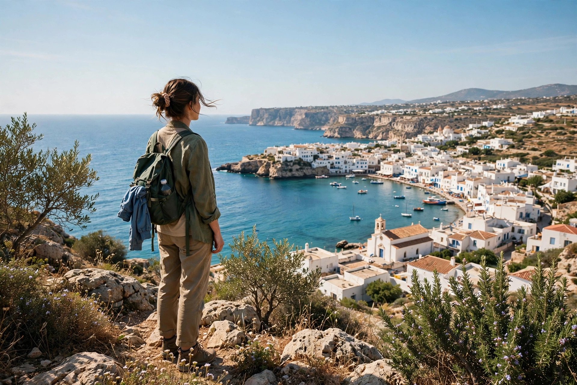 Solo traveler with a backpack overlooking a sunny Mediterranean coastal bay in summer