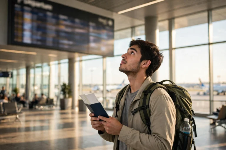 First-time international traveler holding a passport and boarding pass in an airport terminal