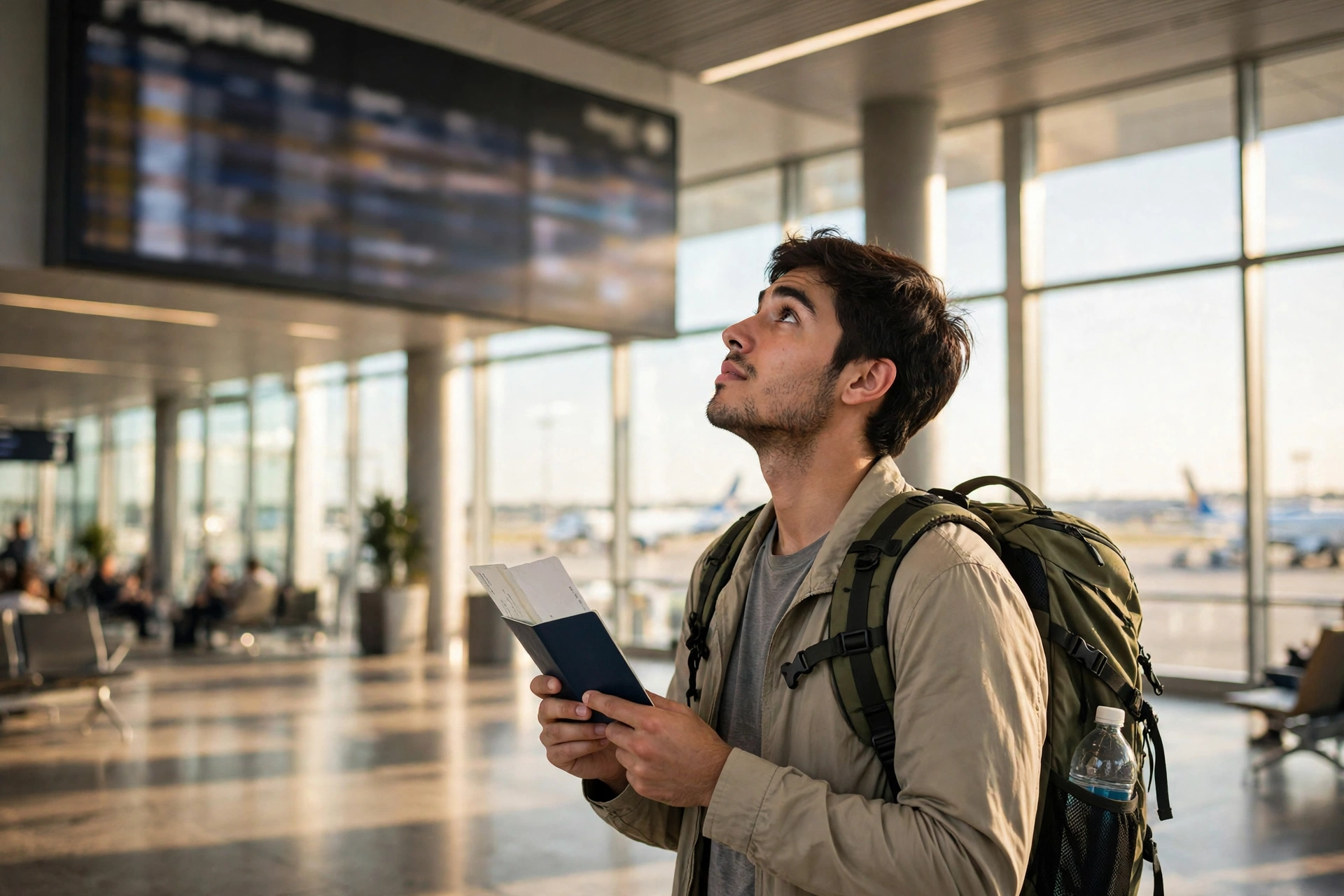 First-time international traveler holding a passport and boarding pass in an airport terminal